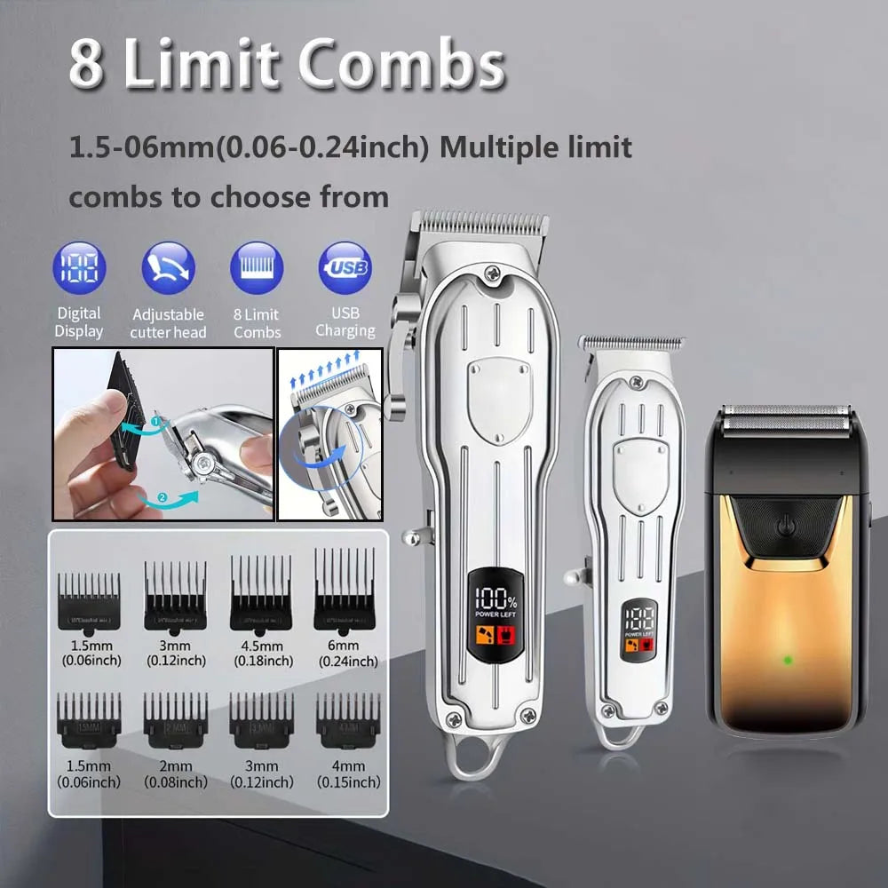 Professional Cordless Hair Clipper & Trimmer Set – USB Rechargeable Grooming Kit with LCD Display