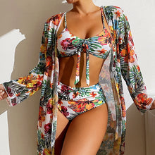 High Waist Floral Print Bikini Set With Mesh Long-Sleeved Cover Up