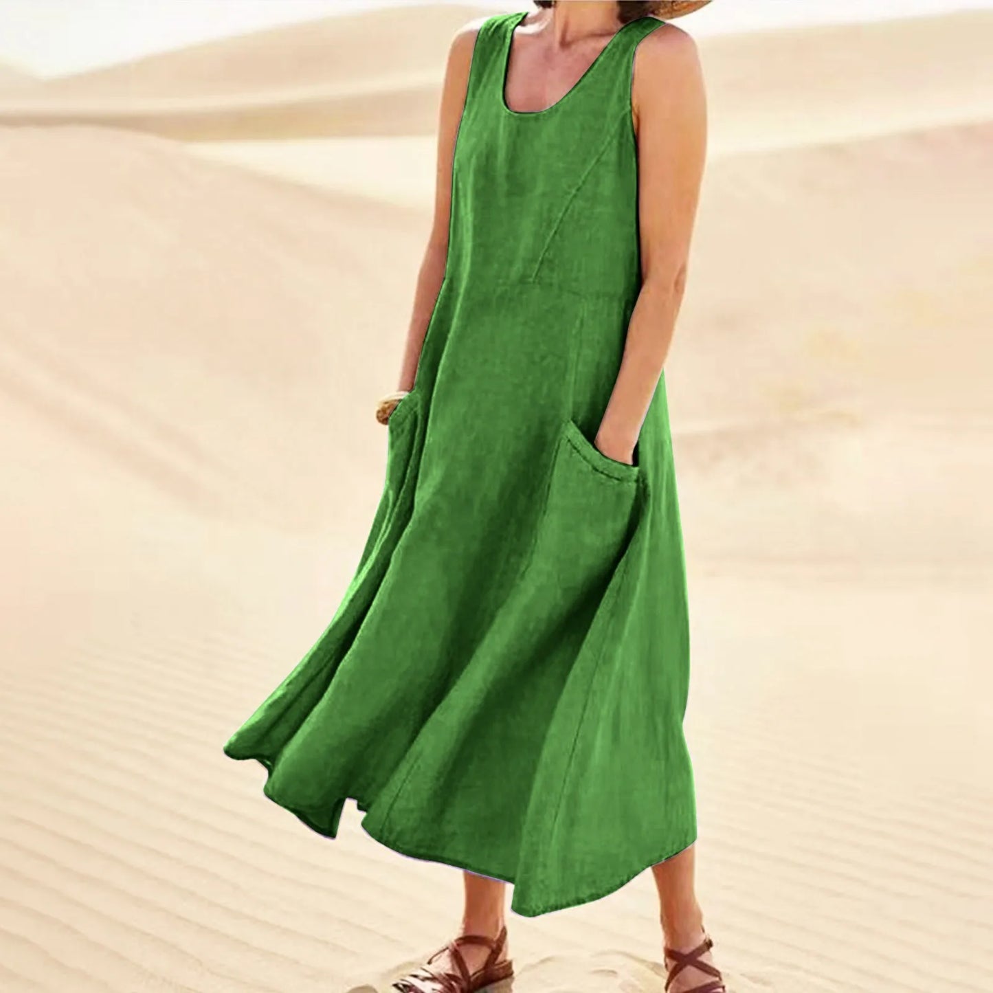 Women's Casual Sleeveless Cotton Linen Long Maxi Dress with Pockets