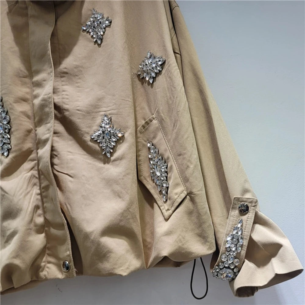 Khaki Diamond Streetwear Jacket for Women