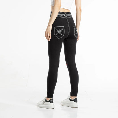 Women's High-Waisted Printed Faux Denim Jeggings – Tummy Control & All-Day Stretch