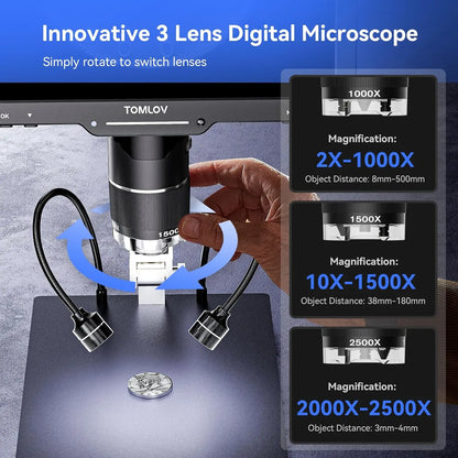 TOMLOV TriL110 3-Lens 2K Digital Microscope with 10.1" IPS Screen