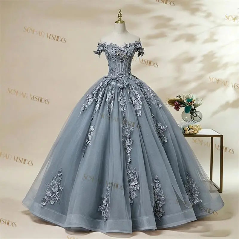 Off-The-Shoulder Floral Applique Quinceañera Ball Gown