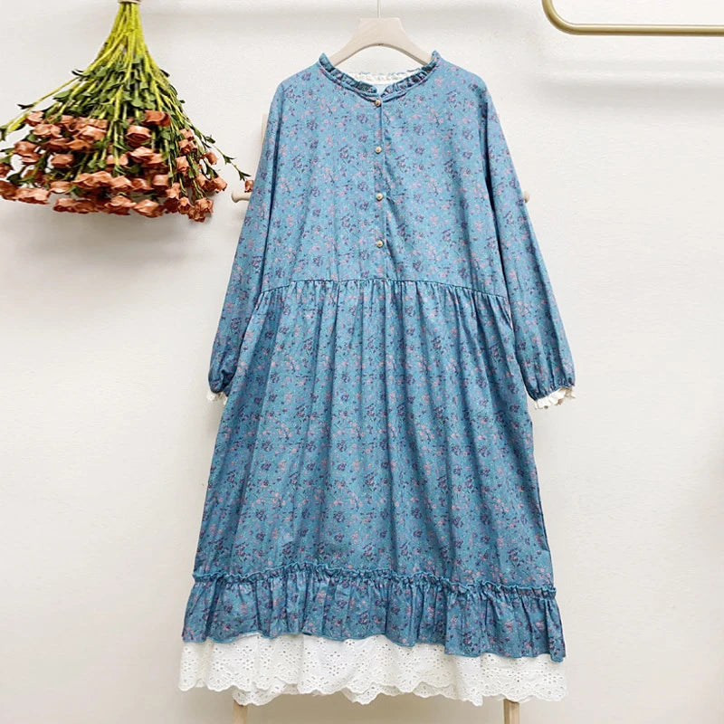 Women's Vintage Mori Girl Floral Print Cotton Linen Midi Dress with Lace Ruffles