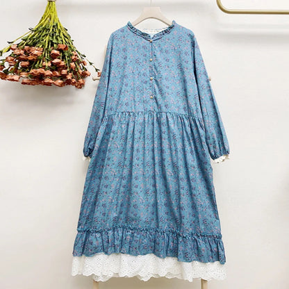 Women's Vintage Mori Girl Floral Print Cotton Linen Midi Dress with Lace Ruffles
