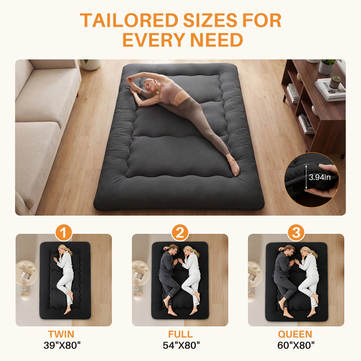 MCQ 4 Inch Japanese Floor Futon Mattress with Removable Washable Cover