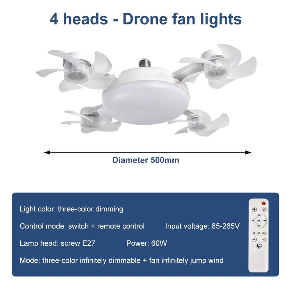 60W Drone-Design E27 LED Ceiling Fan Light with Remote