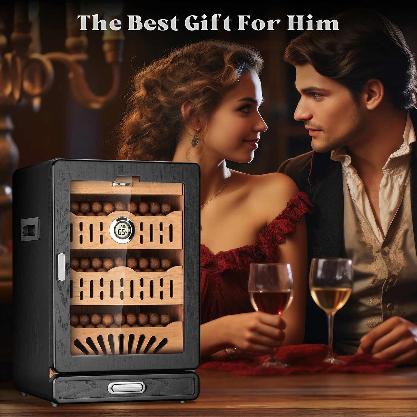 Glass-Top Tabletop Cigar Humidor Cabinet with Spanish Cedar Trays & Digital Hygrometer