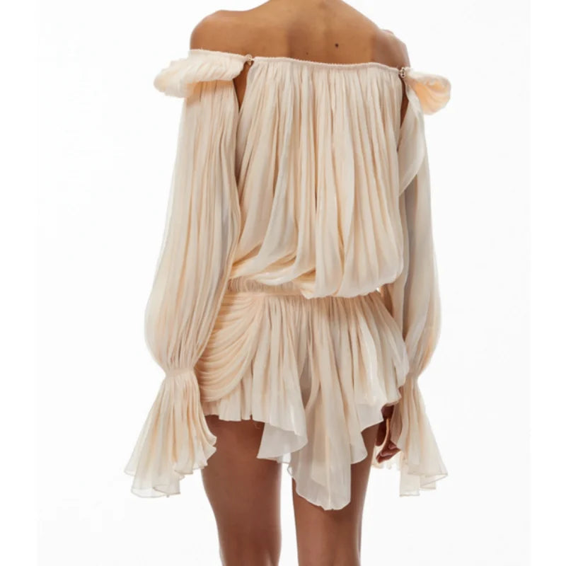 Satin Off-Shoulder Pleated Mini Dress with Puff Sleeves