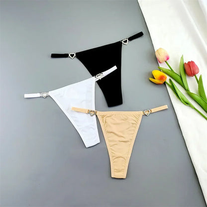 3Pcs Women's Seamless Ice Silk Thong Set - Low Waist Thin Strap G-String Panties with Rhinestone Buckle