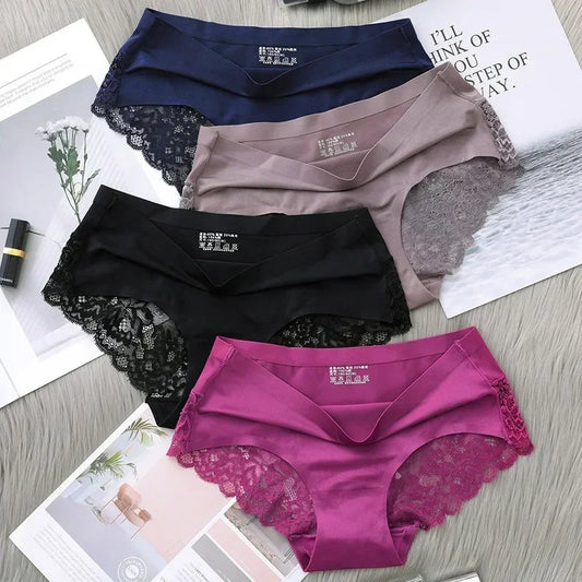 Women's Seamless Ice Silk Lace Trim Briefs