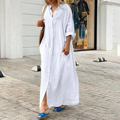 Women’s Casual Cotton-Linen Blend Maxi Dress – Loose Fit Floor-Length Shirt Dress with Pockets