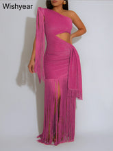 One-Shoulder Tasseled Sleeveless Long Dress