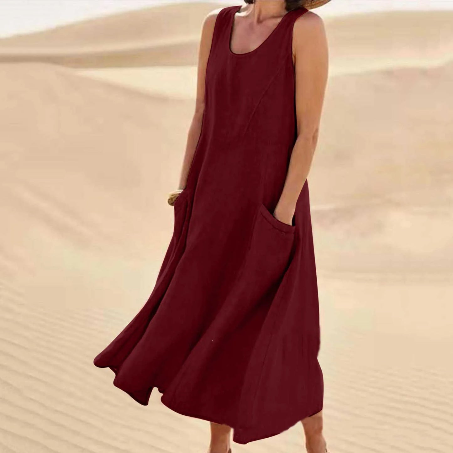 Cotton Linen Sleeveless Double Big Pocket Loose Dress