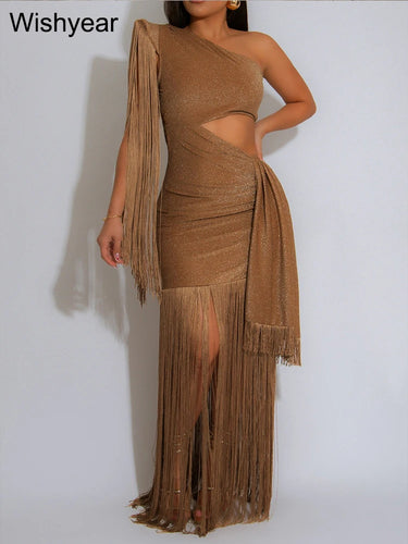 One-Shoulder Tasseled Sleeveless Long Dress