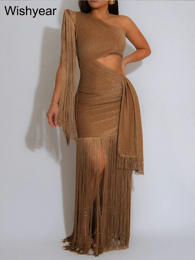 One-Shoulder Tasseled Sleeveless Long Dress