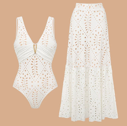 Women's Floral Cutout One-Piece Swimsuit & Skirt Set