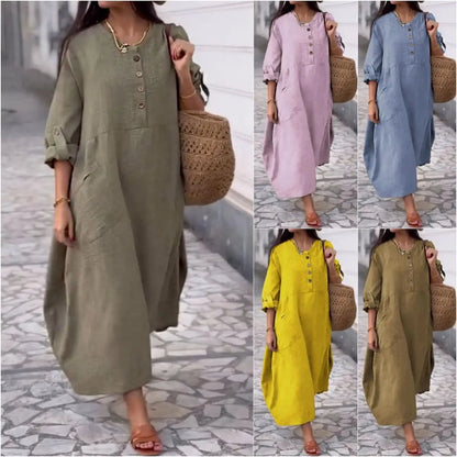 Women's Loose Cotton Linen Long Sleeve Maxi Dress with Pockets