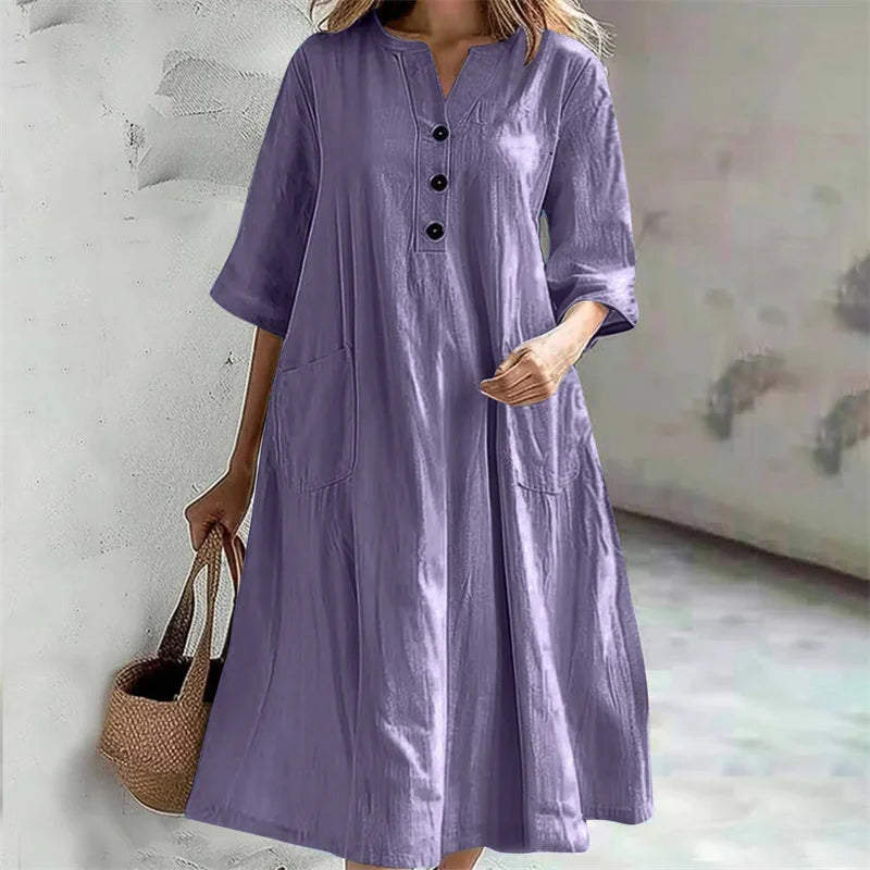 Women's Loose Cotton Linen Half-Sleeve Casual Midi Dress with Pockets