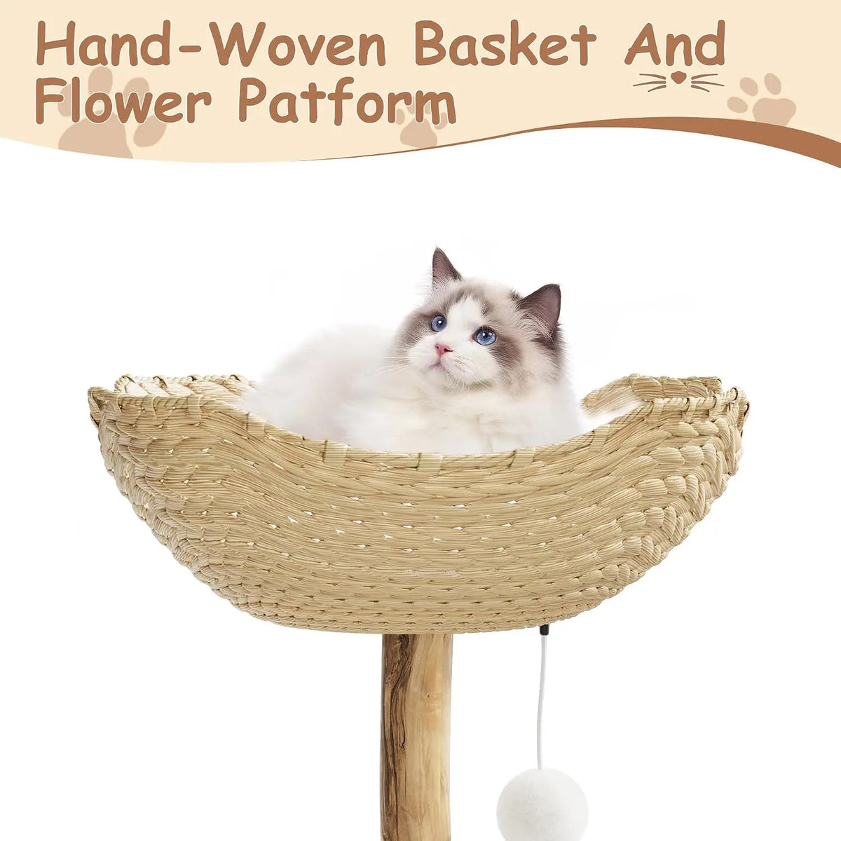Tacleekii Natural Wood Cat Tree Tower with Wicker Basket Perch & Sisal Scratching Posts