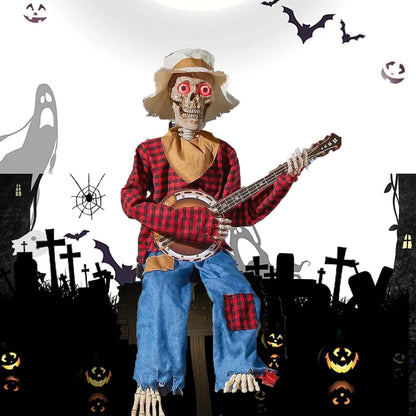 Animated Banjo Playing Skeleton Scarecrow Halloween Decor