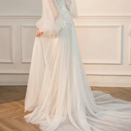 Off-Shoulder Lace Boho Wedding Dress with Long Puff Sleeves