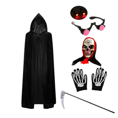 Kids' Grim Reaper Costume – Red-Eyed Hooded Robe with Glowing Glasses & Scythe Set