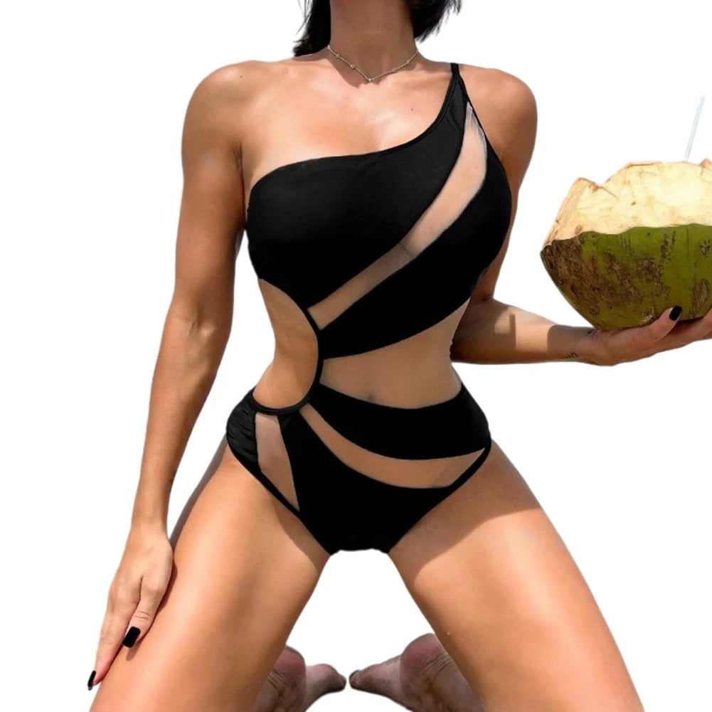 Women One-Piece Swimsuit One-shoulder Mesh Hollow Out Spliced Bathing Suit