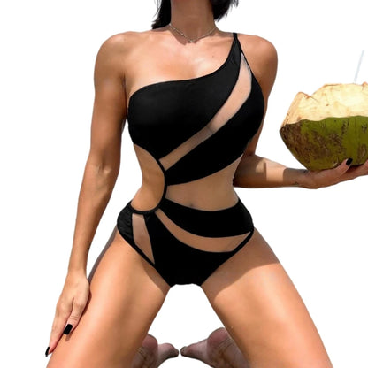 Women One-Piece Swimsuit One-shoulder Mesh Hollow Out Spliced Bathing Suit