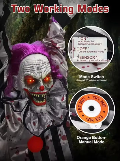 Animated Hanging Halloween Clown with Glowing Eyes & Sound Effects