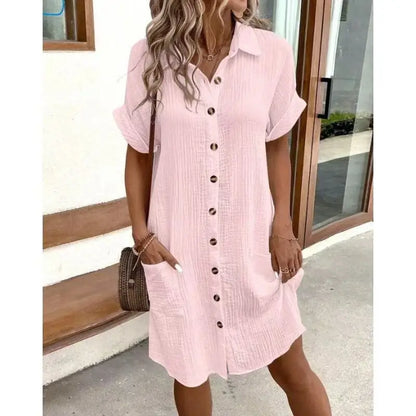 V-Neck Single-Breasted Mini Dress - Casual Loose Fit Short Sleeve Summer Dress