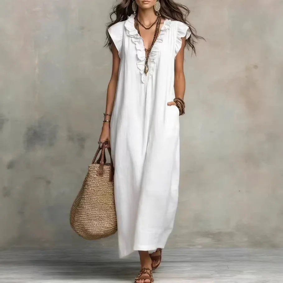 Women's Boho V-Neck Sleeveless Ruffle Solid Color Maxi Dress