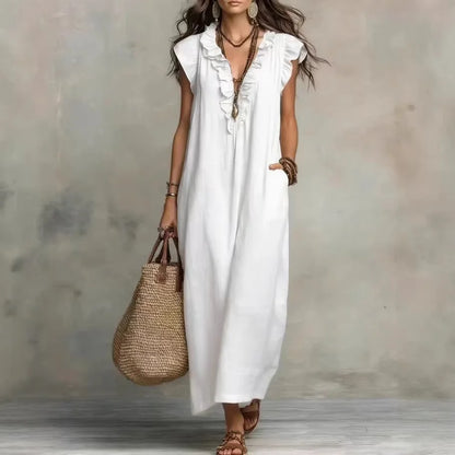 Women's Boho V-Neck Sleeveless Ruffle Solid Color Maxi Dress