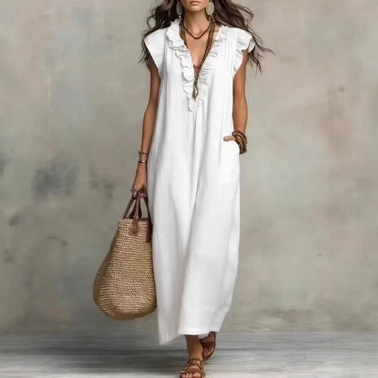 Women's Boho V-Neck Sleeveless Ruffle Solid Color Maxi Dress