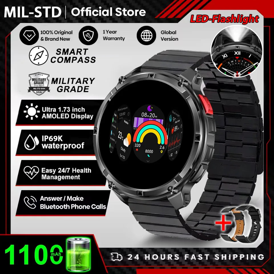 Rugged Outdoor AMOLED GPS Smartwatch with Flashlight