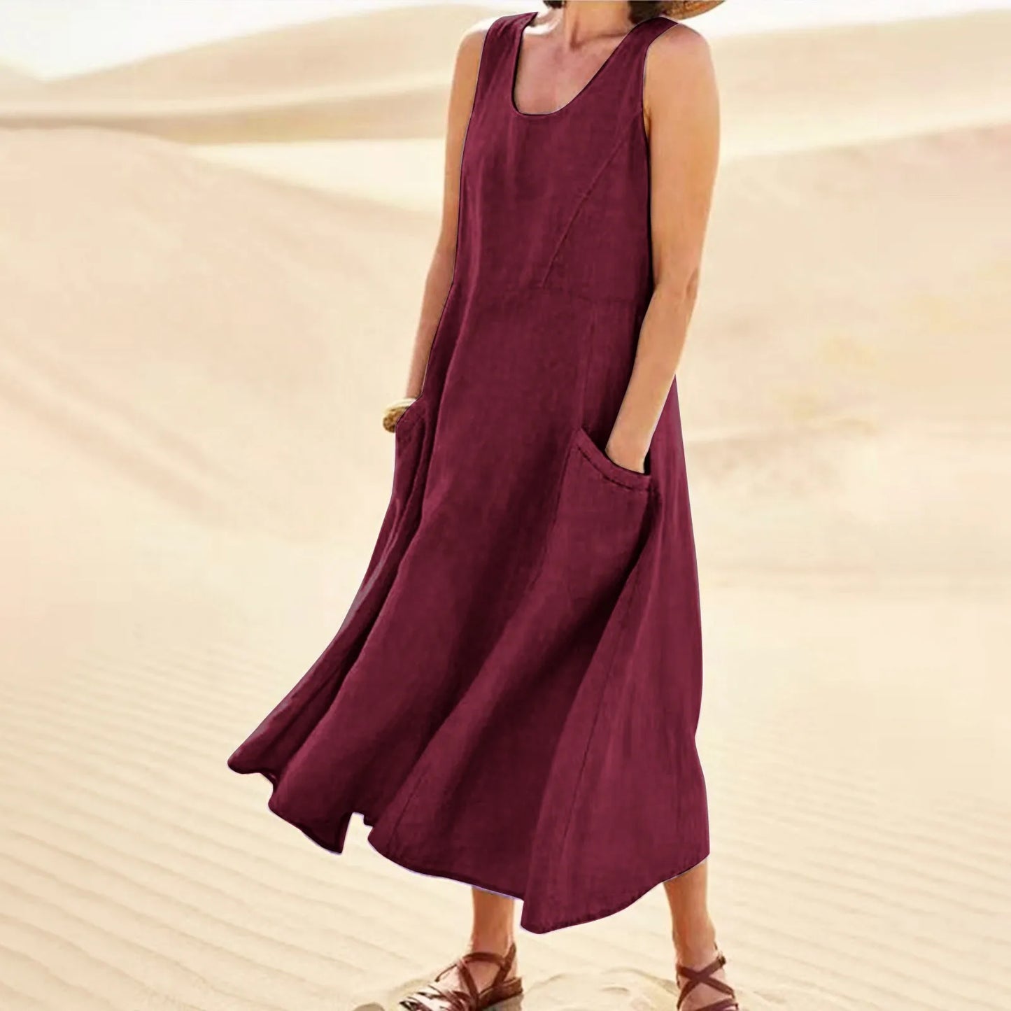 Women's Casual Sleeveless Cotton Linen Long Maxi Dress with Pockets