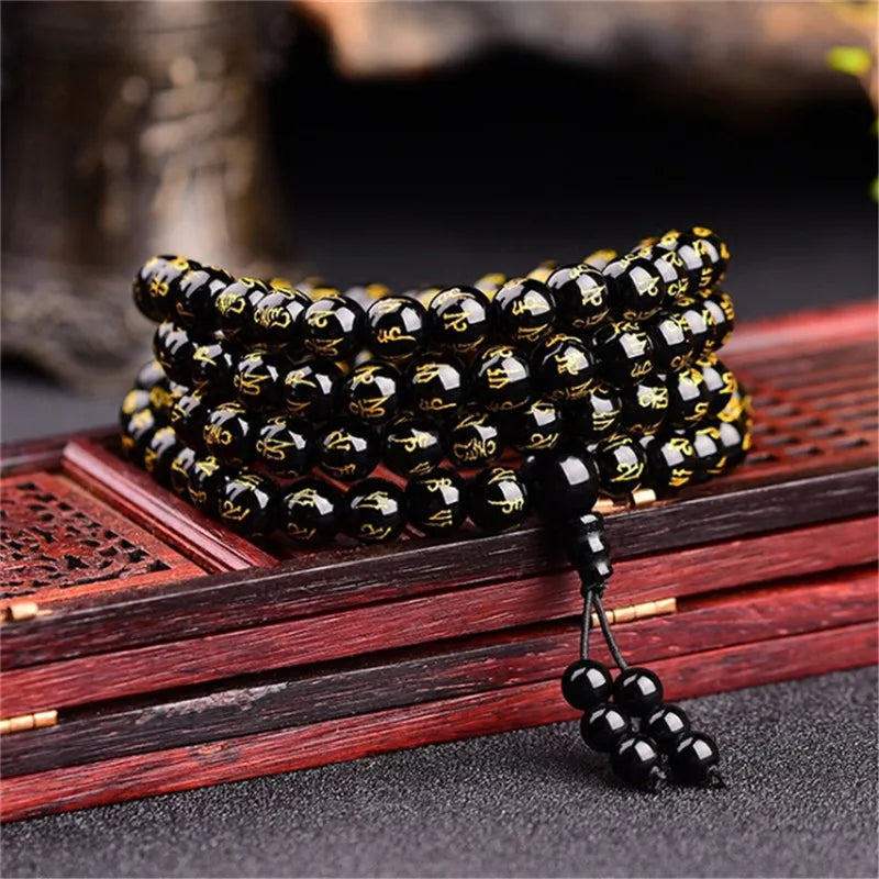 Natural Stone Six Words Mantra Bead Bracelet