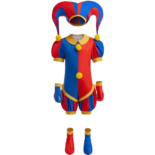 Girls' Digital Circus Pomni Cosplay Costume Set - Red & Blue Clown Dress Outfit for Kids