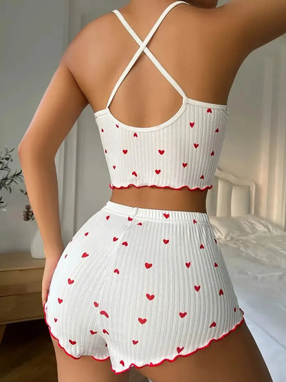 Heart Print Soft Ribbed Fabric Pajamas with Flirty Frill Trim