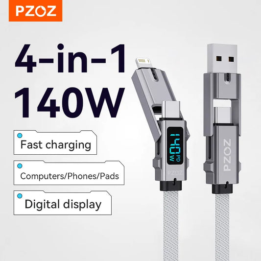 PZOZ 140W 4-in-1 Fast Charging Cable with TF Card Reader & Digital Display
