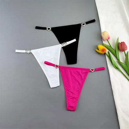 3Pcs Women's Seamless Ice Silk Thong Set - Low Waist Thin Strap G-String Panties with Rhinestone Buckle
