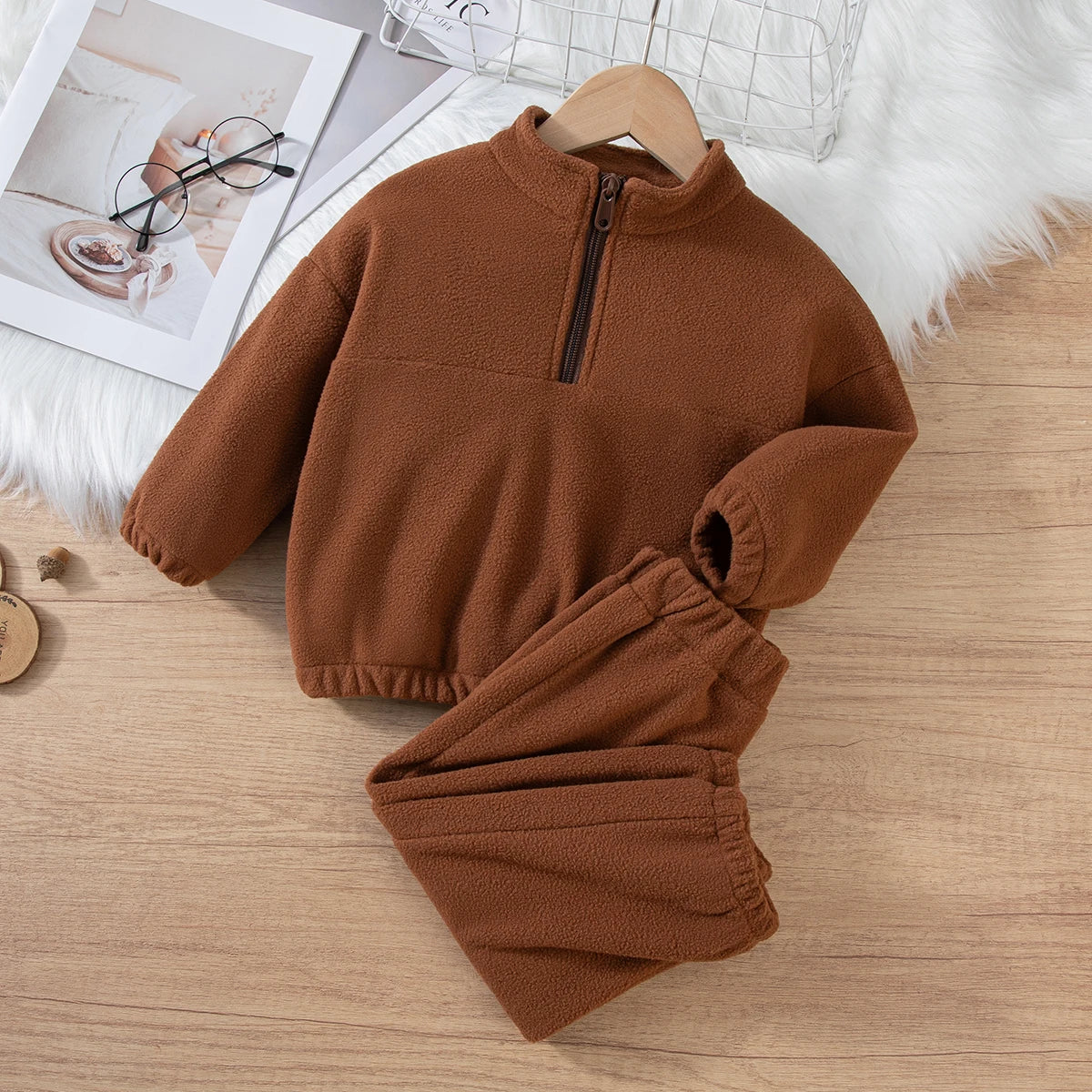 Girls Winter Casual Fleece Thick Zippered Top and Pants Sets