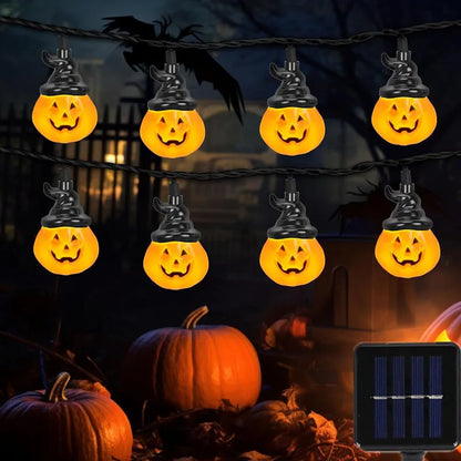 Solar Halloween Pumpkin String Lights - Spooky Outdoor LED Garland