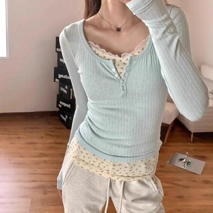 Women's Pink Floral Lace Fake Two-Piece Long Sleeve Top