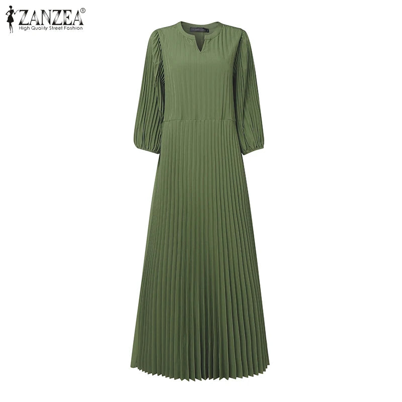 ZANZEA Women's V-Neck Pleated Maxi Dress - Casual Loose Fit 3/4 Lantern Sleeve Long Sundress with Belt