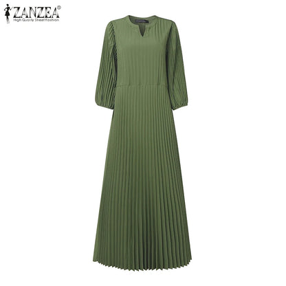 ZANZEA Women's V-Neck Pleated Maxi Dress - Casual Loose Fit 3/4 Lantern Sleeve Long Sundress with Belt