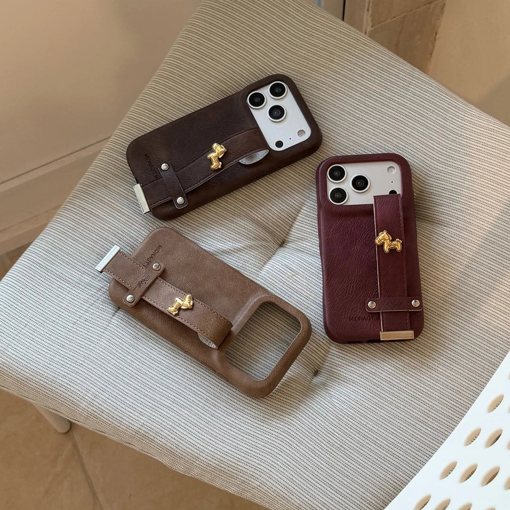 Retro Leather Texture iPhone Case with Wristband Strap & Card Holder