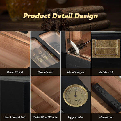 Glass Top Cedar Wood 20-35 Cigars with Hygrometer Cigar Lighter and V-Cutter