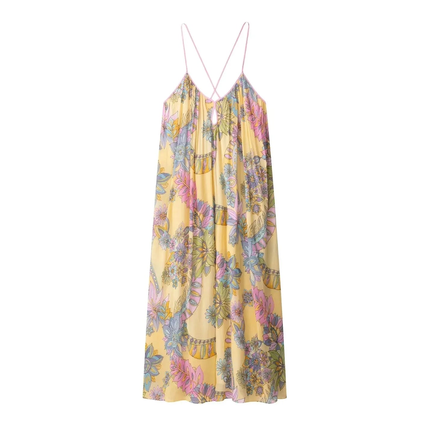 Women's Floral Print Chiffon Backless Cami Maxi Beach Dress