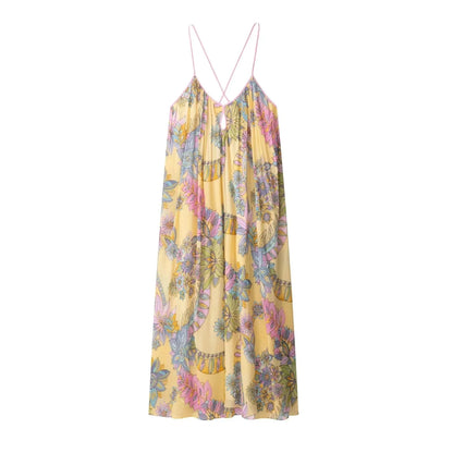 Women's Floral Print Chiffon Backless Cami Maxi Beach Dress